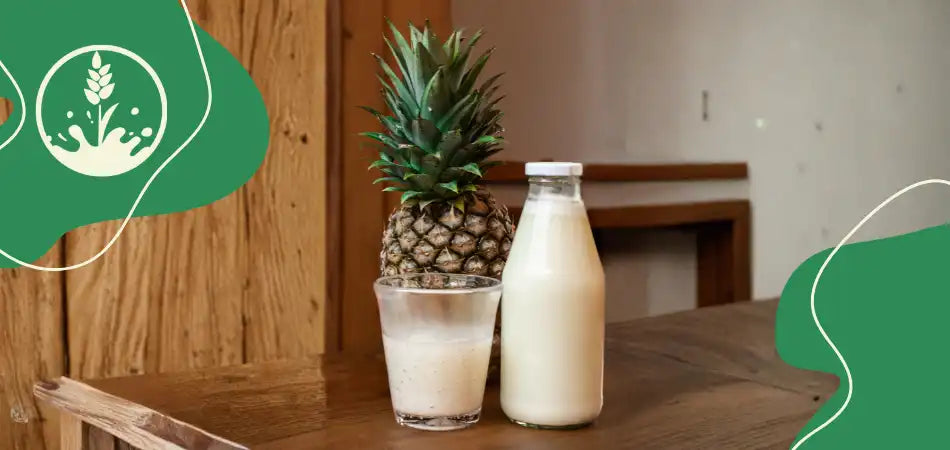 Eine Flasche Kokos-Reic-Müch vor einer Ananas